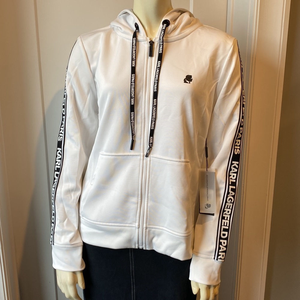 Karl Lagerfeld White Full-Zip Hoodie with Black Logo & Sleeve Tape
